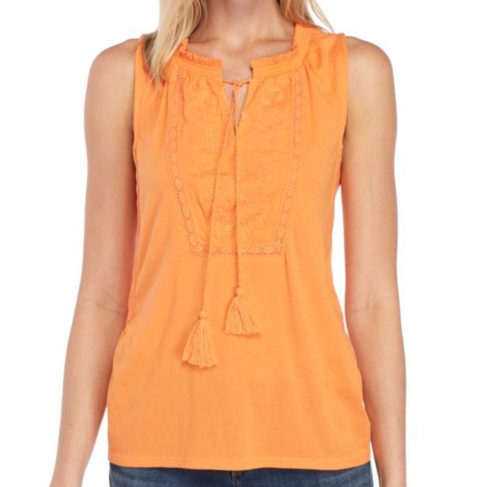 Crown & Ivy Crochet Embroidered‎ Tie Neck Boho Top